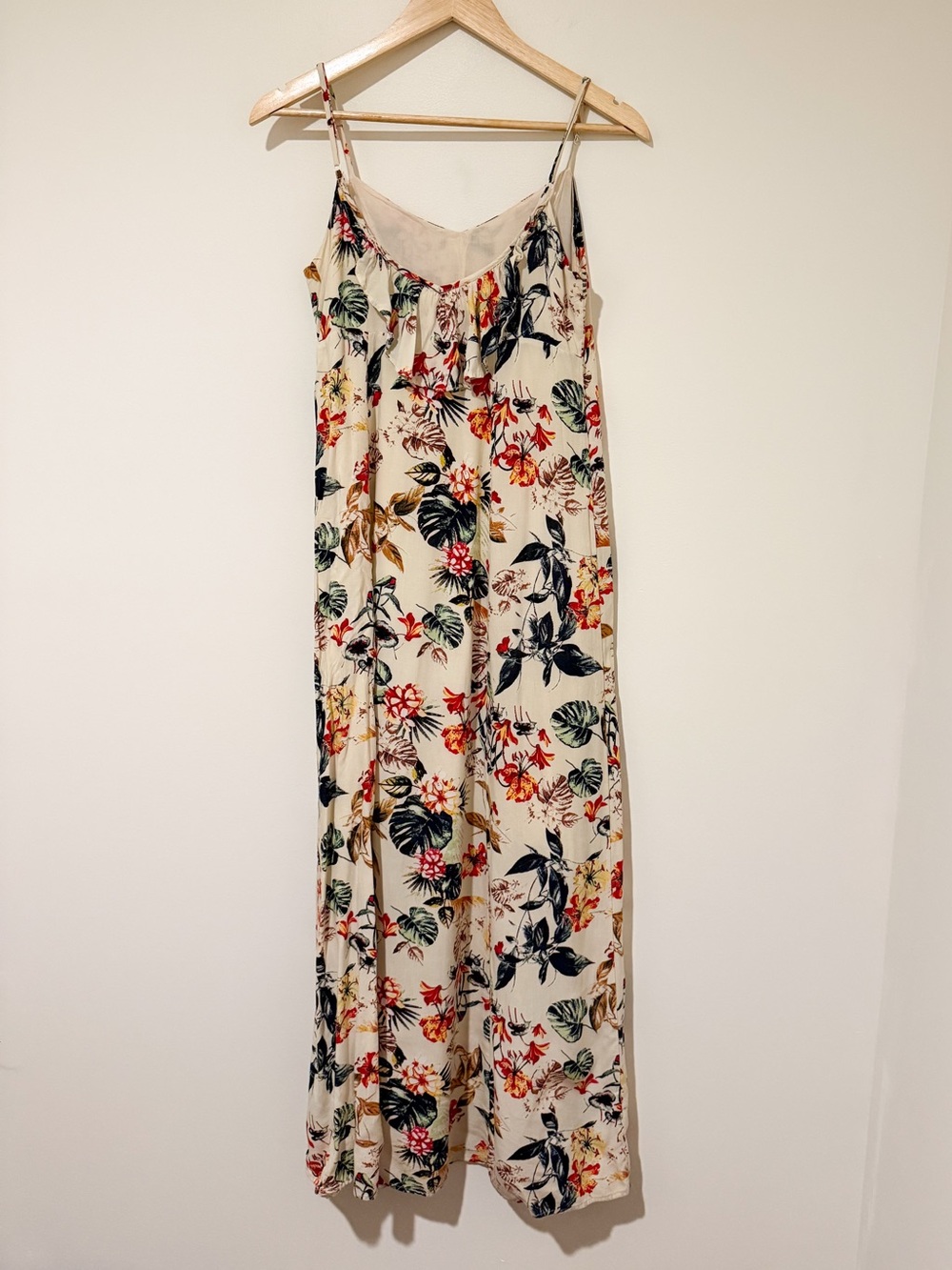 Mystree Cream Floral Spaghetti-Strap Maxi Dress with Green and Red Accents